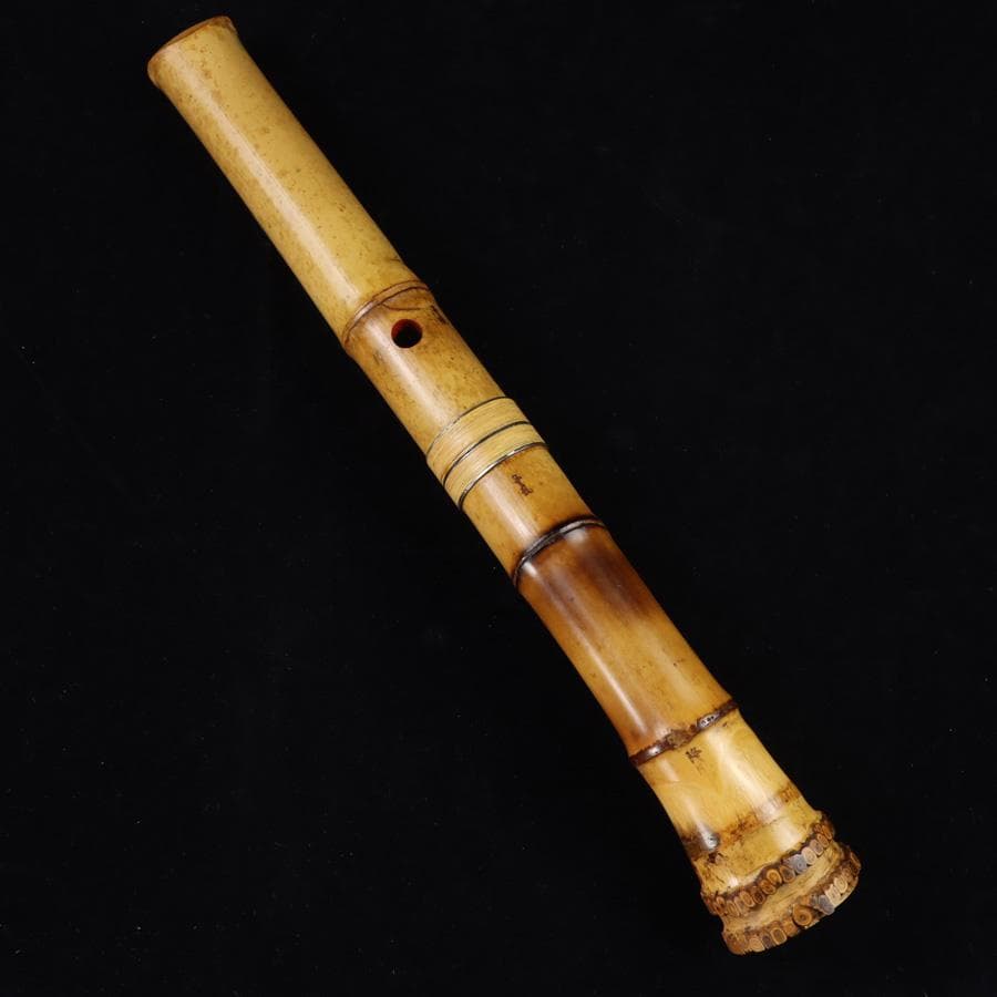 Y3273-1 琴古流 尺八 隆風銘 銀三線 螺鈿細工 全長40㎝ 竹製　EE