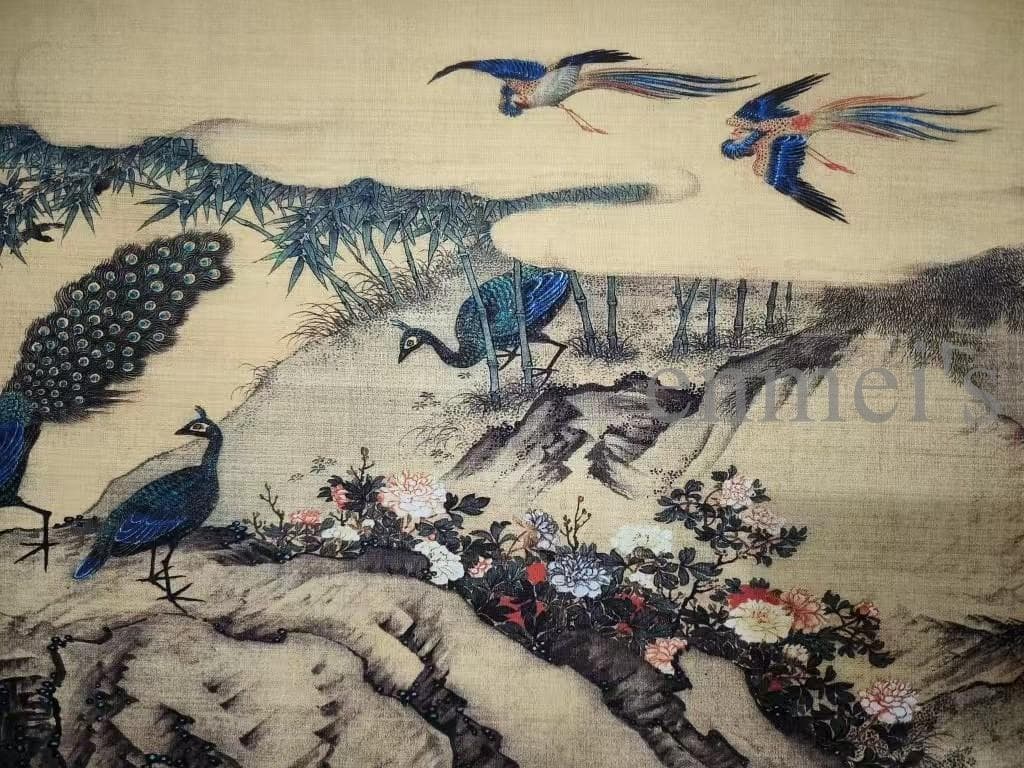 中国古美術 沈銓作款 百鳥朝鳳図 水墨画 手絵絹本 書画 古美味 唐物 肉筆