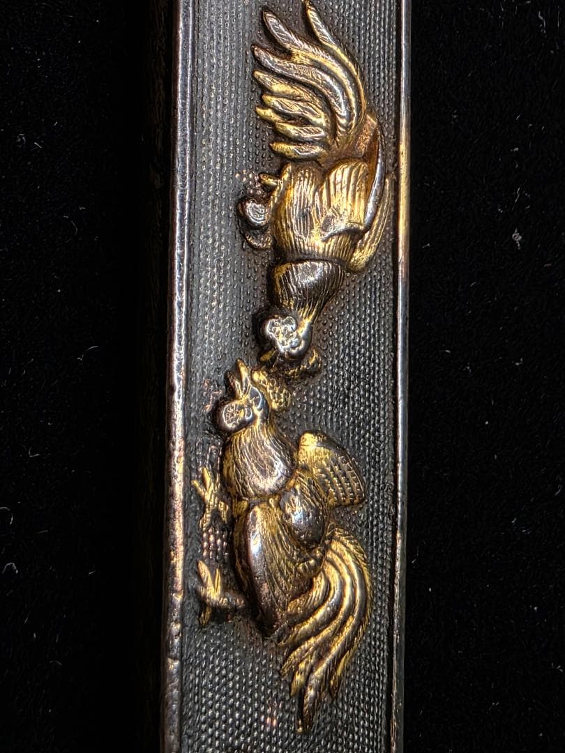 小柄 赤銅魚々子地鶏図 在銘 柳川直孝 花押 刀装具 骨董 古美術 江戸時代