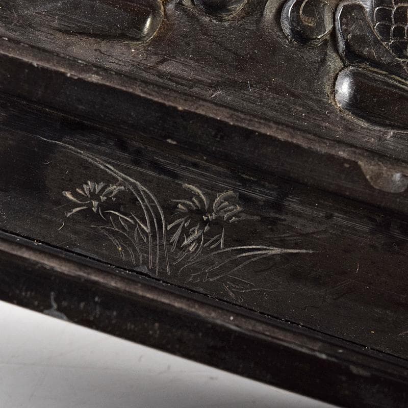 中国　玉石黒石彫刻　鳳凰文透かし彫　硯屏　床飾　置物　時代箱付　C　R8364