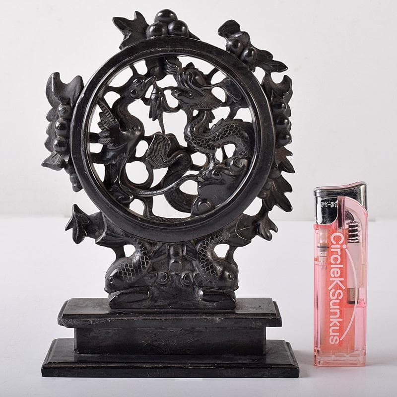 中国　玉石黒石彫刻　鳳凰文透かし彫　硯屏　床飾　置物　時代箱付　C　R8364