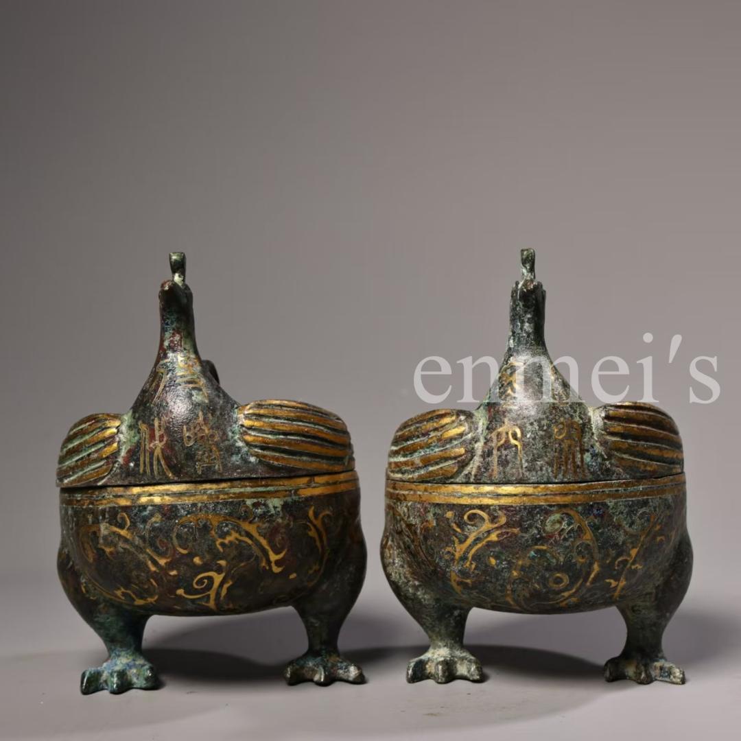 中国古美術・旧蔵错金鳥形蓋付き壺セット・青銅製・純手作り・高浮彫・置物・茶道具