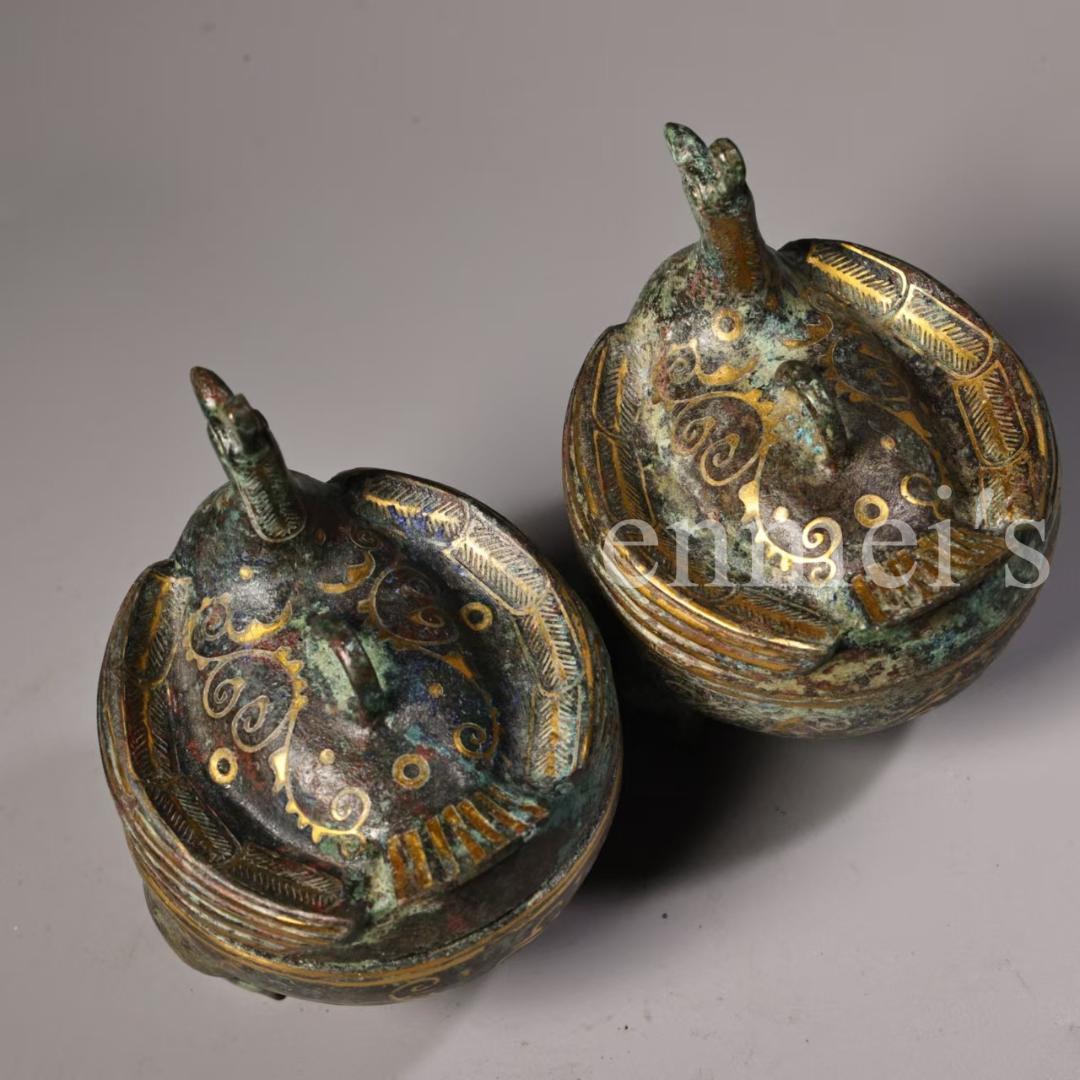 中国古美術・旧蔵错金鳥形蓋付き壺セット・青銅製・純手作り・高浮彫・置物・茶道具