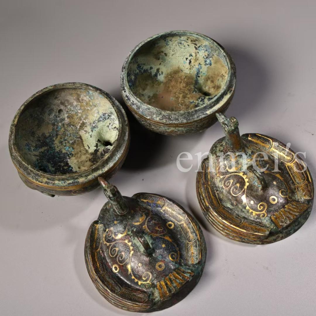 中国古美術・旧蔵错金鳥形蓋付き壺セット・青銅製・純手作り・高浮彫・置物・茶道具