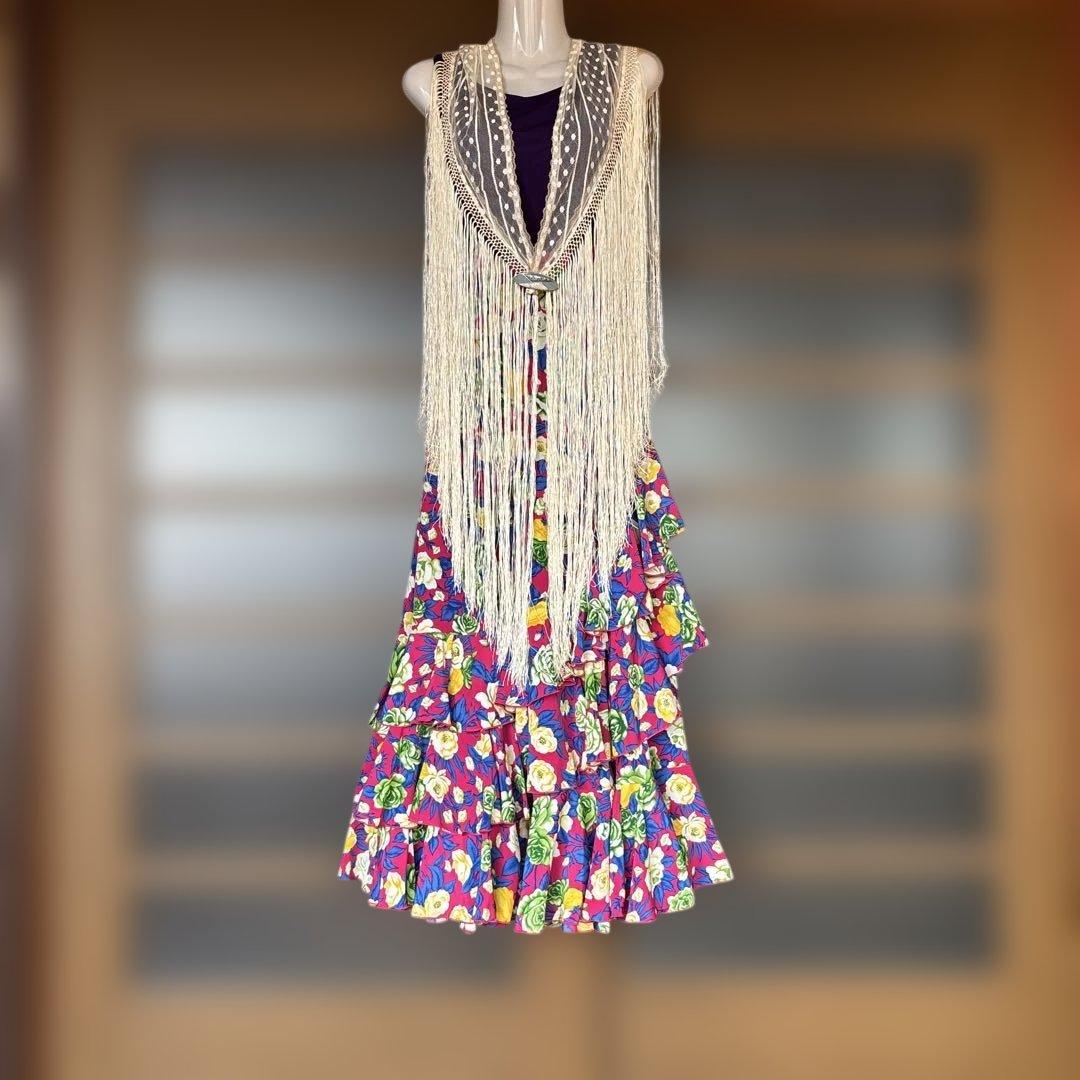 フラメンコ スカート 紫と花柄三点セットアップ