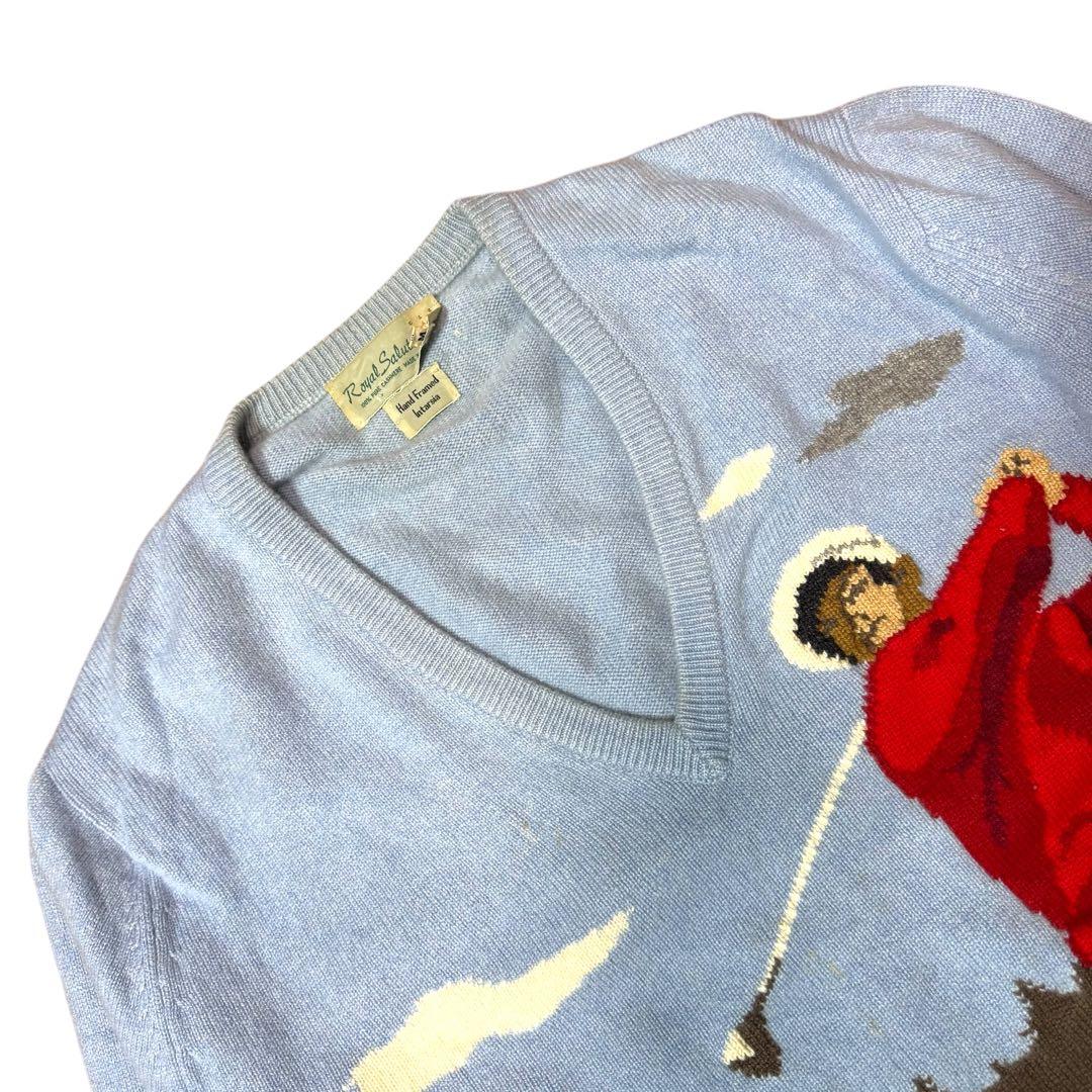 L相当 スコットランド製 ピュアカシミヤ100% ゴルフ柄 インターシャニット