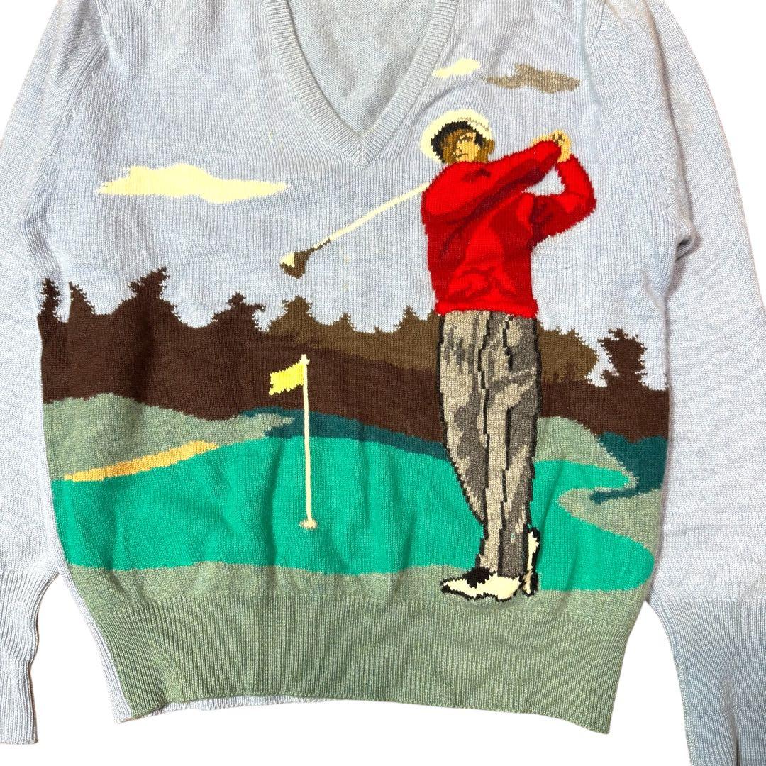 L相当 スコットランド製 ピュアカシミヤ100% ゴルフ柄 インターシャニット