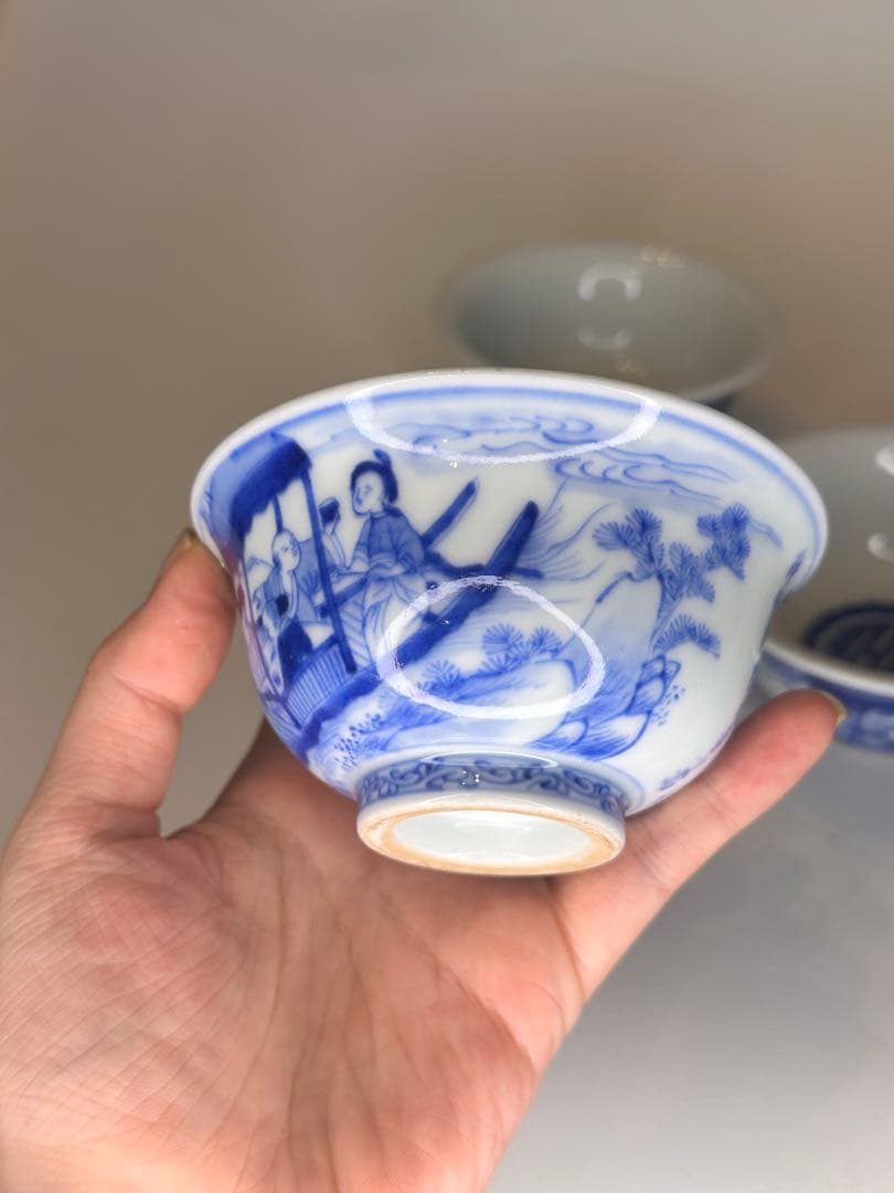清時代　青花　染付　人物泛舟文　盃　三点組　詩文有　中国古美術