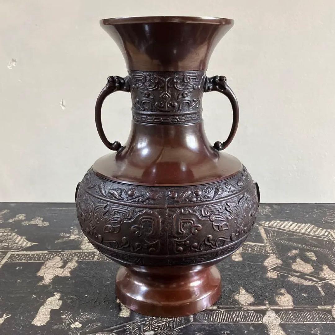 高岡銅器　鋳銅花瓶　銅製花瓶　花器　龍泉堂　天龍　耳付花瓶　骨董品