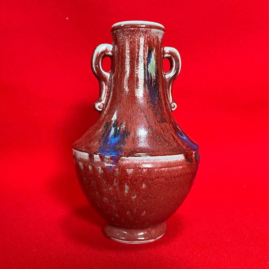 中国美術 古玩 红釉雙耳花瓶 花器 置物　コレクション