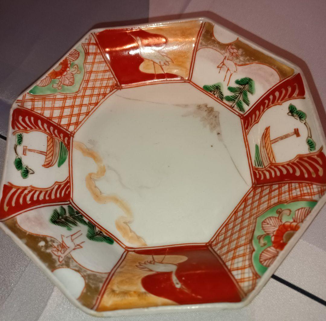 【古伊万里焼】　八角鉢　江戸時代後期　鶴亀　松竹梅　富士の図　金彩赤絵　吉祥文様