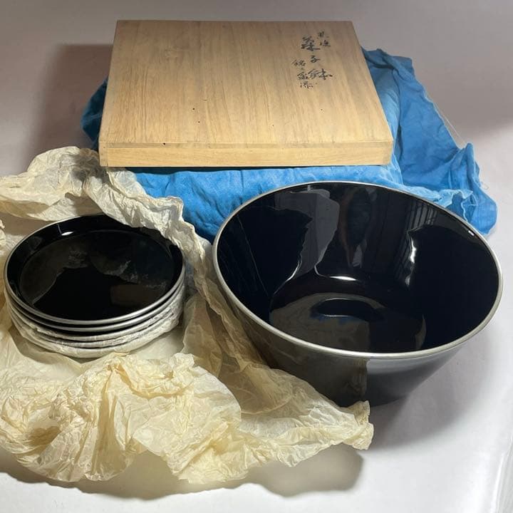 ◆黒漆菓子器と銘々皿五枚 京漆器 三象漆園造 高級漆器◆
