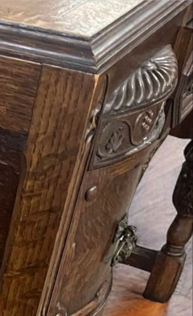 英国 アンティーク家具 デスク オーク 大型 真鍮 レザー張り