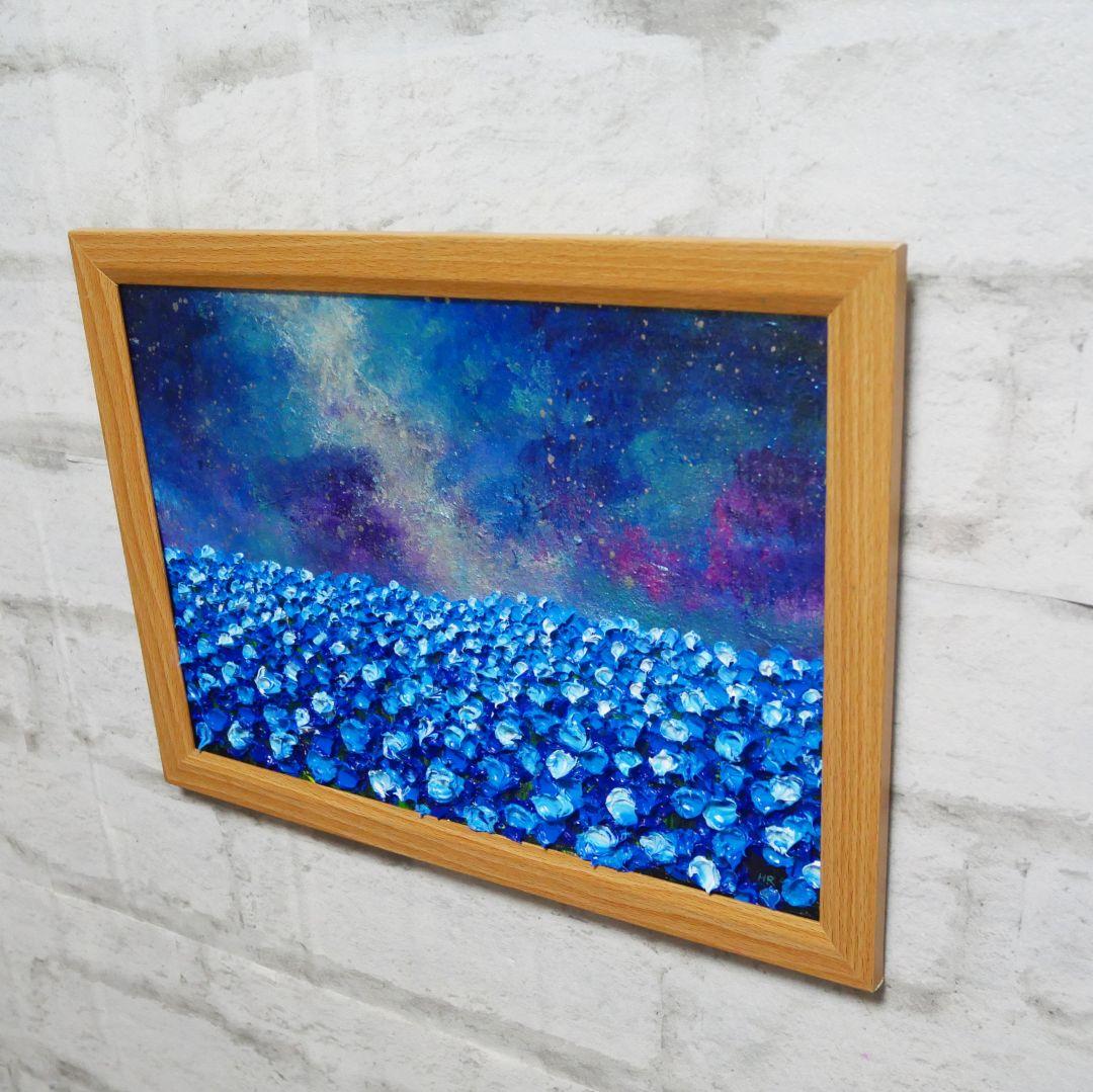 油絵 油彩 油彩画 絵 絵画【ネモフィラの田んぼに輝く天の川】