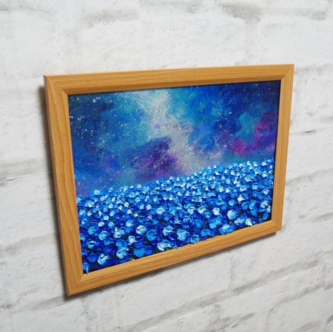 油絵 油彩 油彩画 絵 絵画【ネモフィラの田んぼに輝く天の川】
