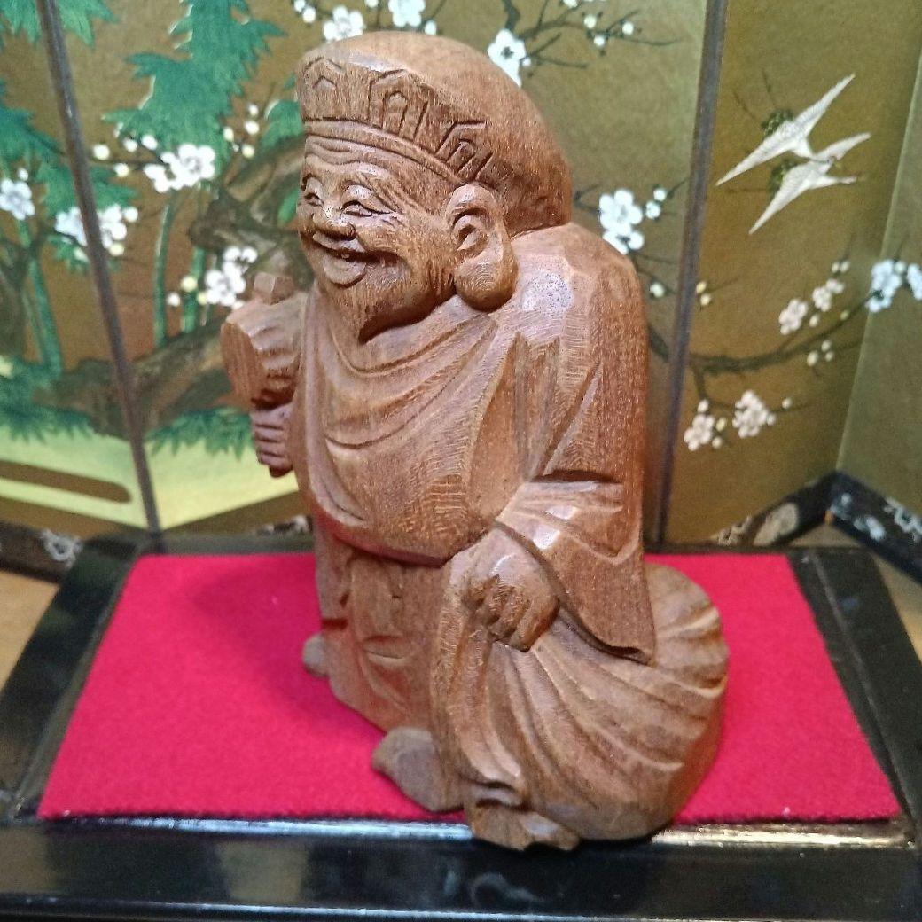 骨董品　恵比寿:大黒　木彫り置物　屏風&台座付き　希少セット