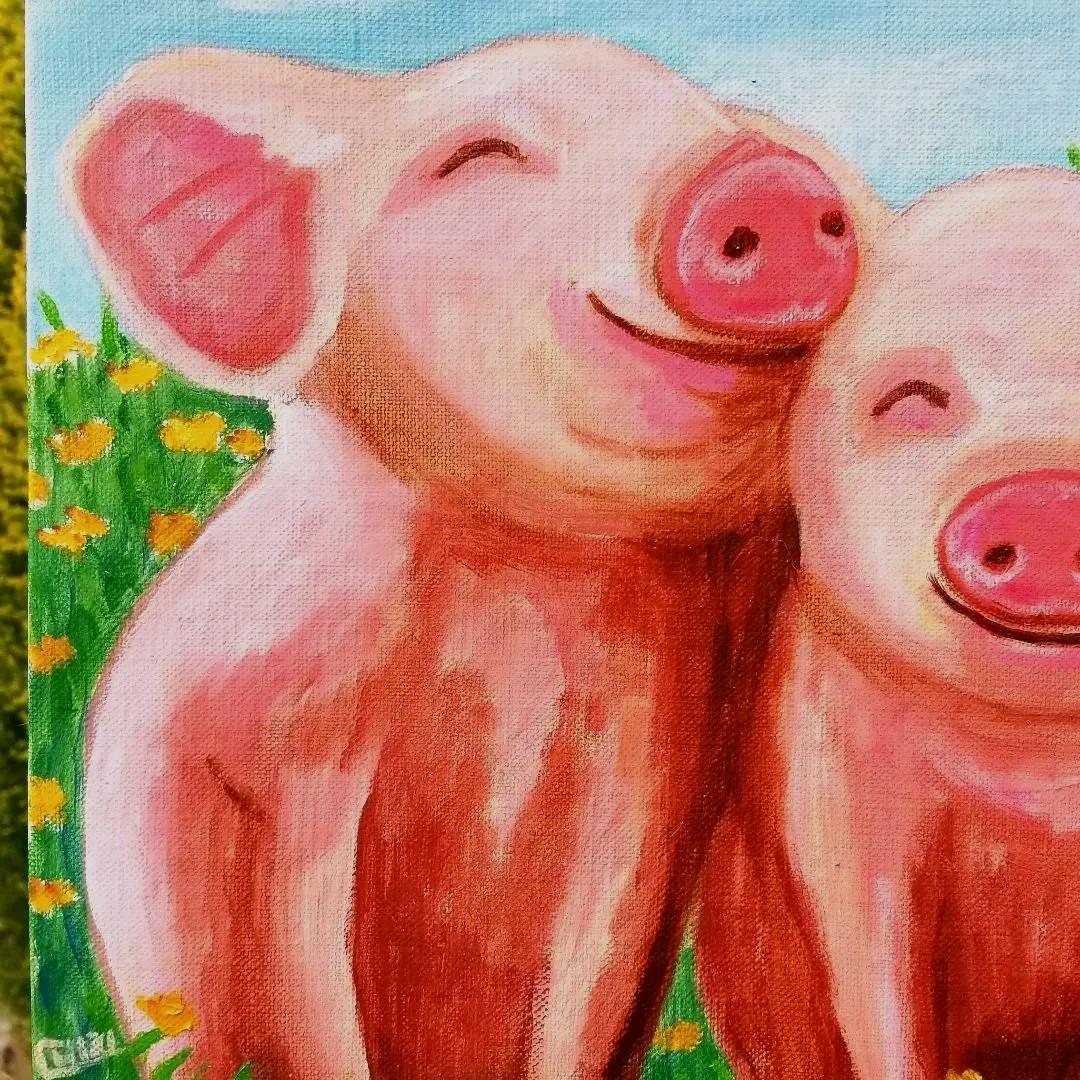 油絵　専用　笑ってる仲良しこぶたたち