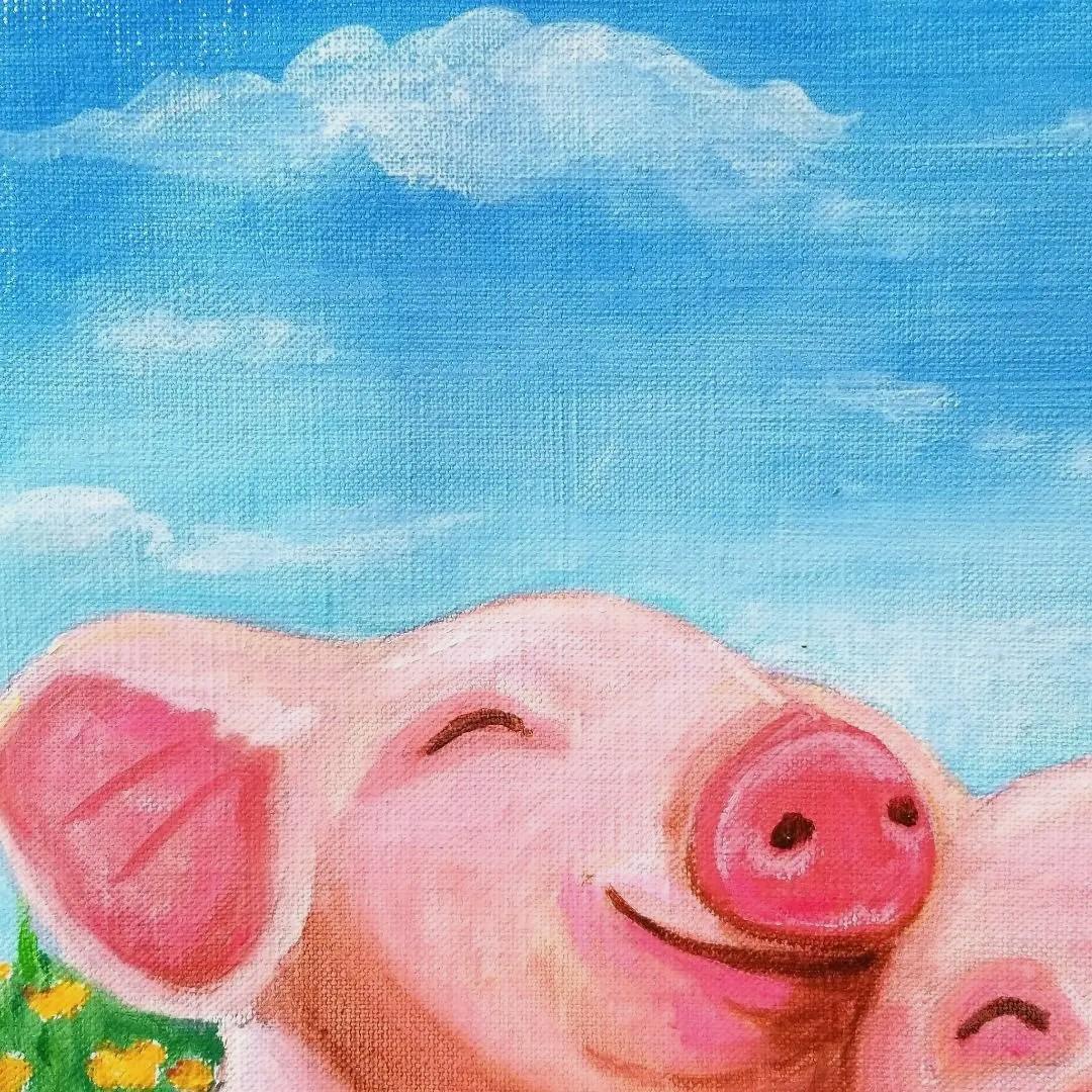 油絵　専用　笑ってる仲良しこぶたたち