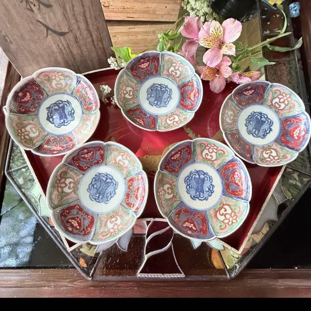 2189様感謝‼️節目に明治上手柿右衛門手『桐花鳳凰文様』切支丹皿松梅桐菊5客