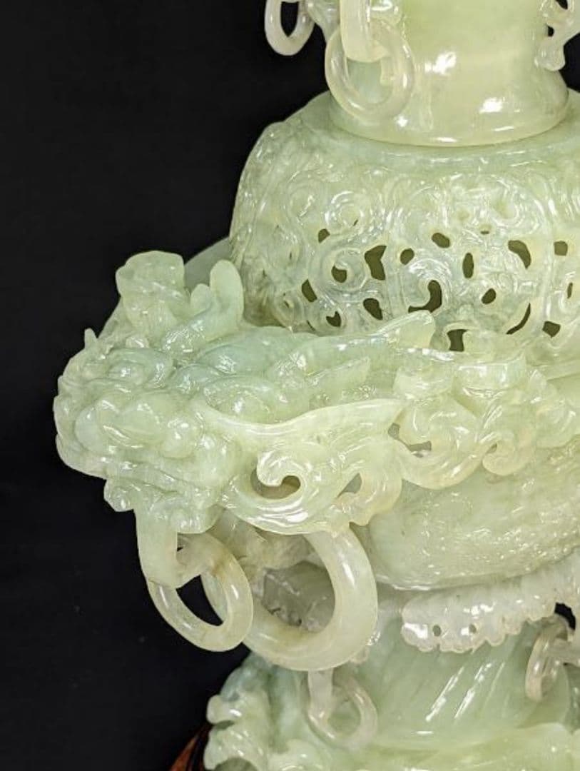 未使用　岫玉　天然石　特大香炉　遊環 龍 干支 透かし彫り 浮彫り 手彫り波唐草