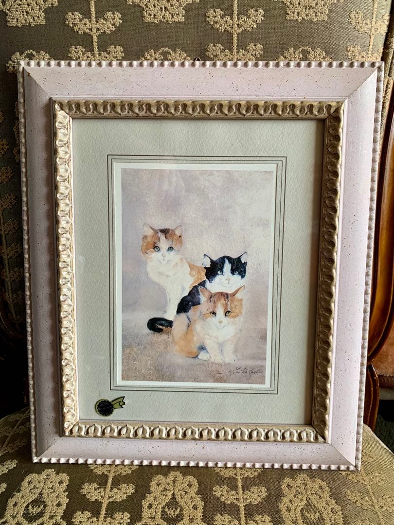 新品ドマンイタリア製インテリアアート額装複製画水彩画クロシロ猫ハチワレ茶白猫の絵
