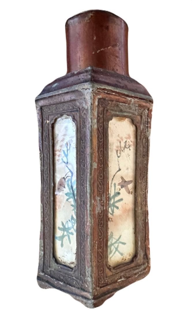 中国潮陽永和錫製茶葉罐百年以上古董六面手描き絵美術品時代物