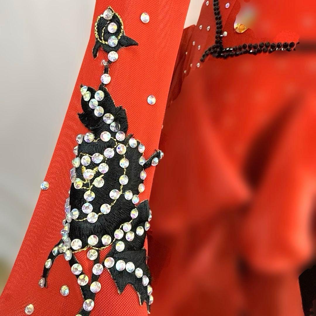 6344★M 赤 黒 多層フリル スタンダードドレス 社交ダンス