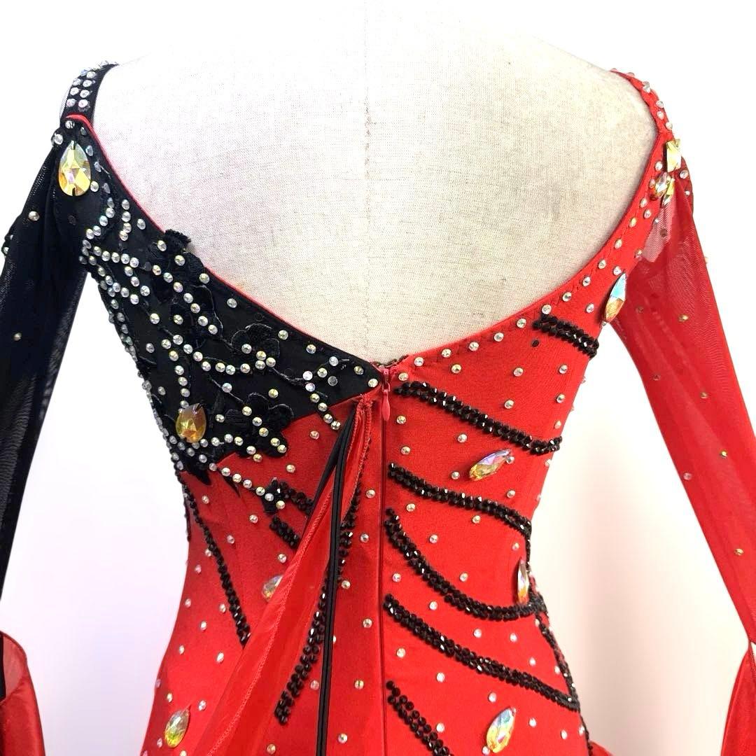 6344★M 赤 黒 多層フリル スタンダードドレス 社交ダンス