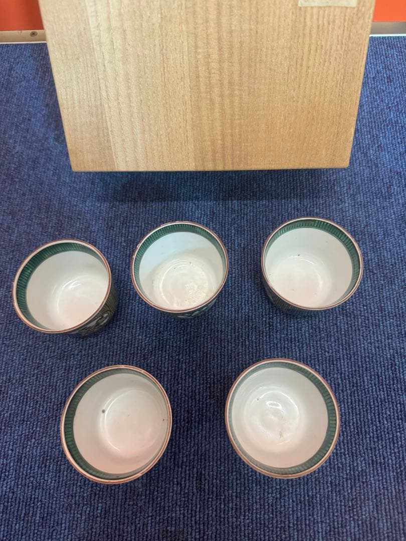 1572 九谷焼　角福　松竹梅文　青手煎茶碗　5客　時代物