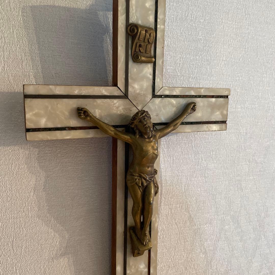 フランス　ブロカント　キリスト　十字架　キリスト教　磔刑　オブジェ　真鍮　木製