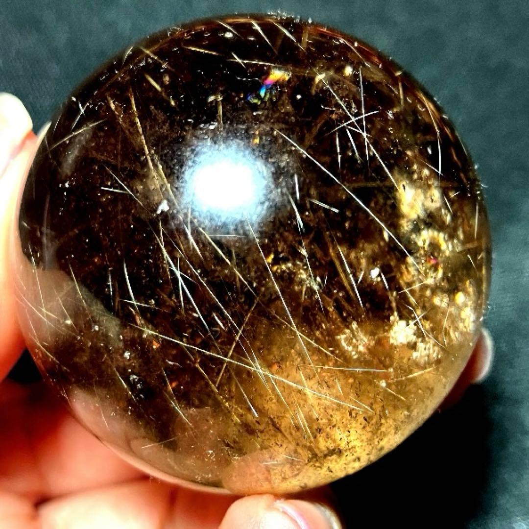 50mm 虹入りゴールドルチルクォーツ　丸玉　スフィア　金針水晶