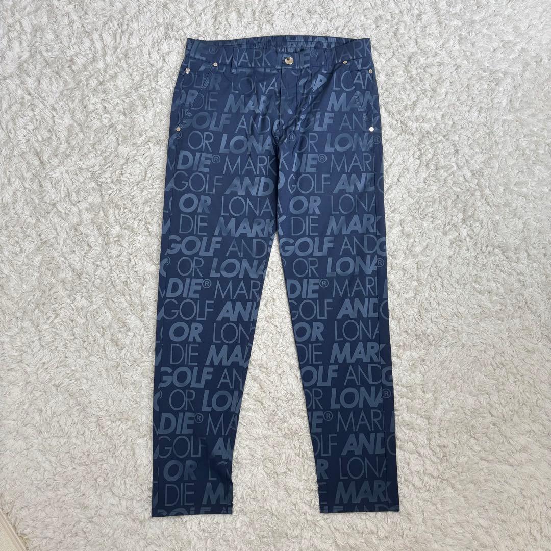 希少50(XL)✨マークアンドロナ ロングパンツ ネイビー 総ロゴプリント 総柄