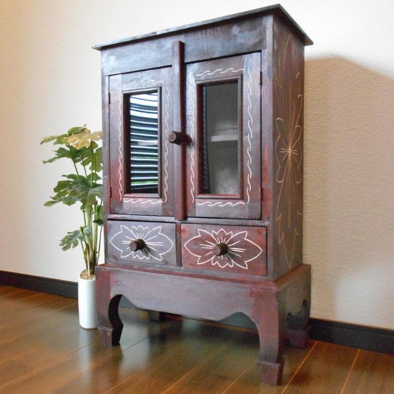 花柄模様 猫足 キャビネット アジアン家具 バリ家具 収納家具 完成品家具