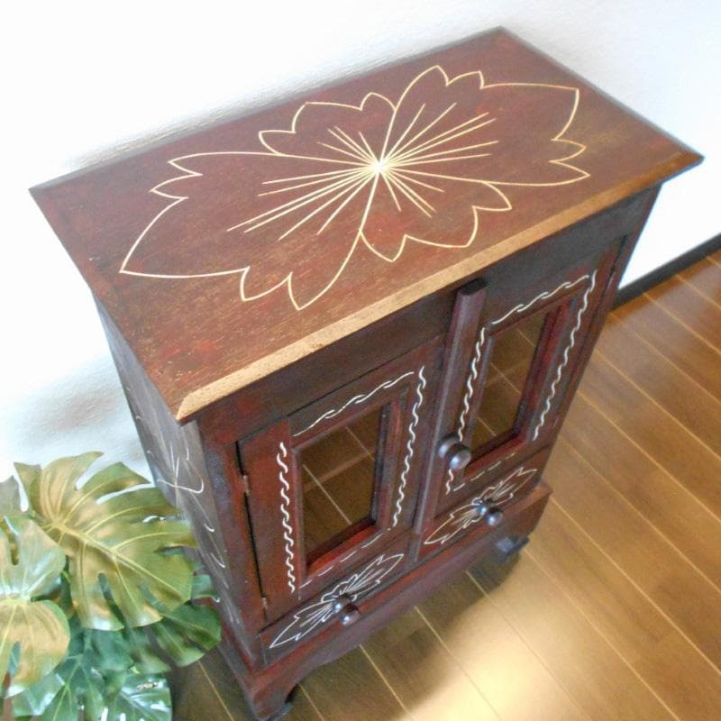 花柄模様 猫足 キャビネット アジアン家具 バリ家具 収納家具 完成品家具