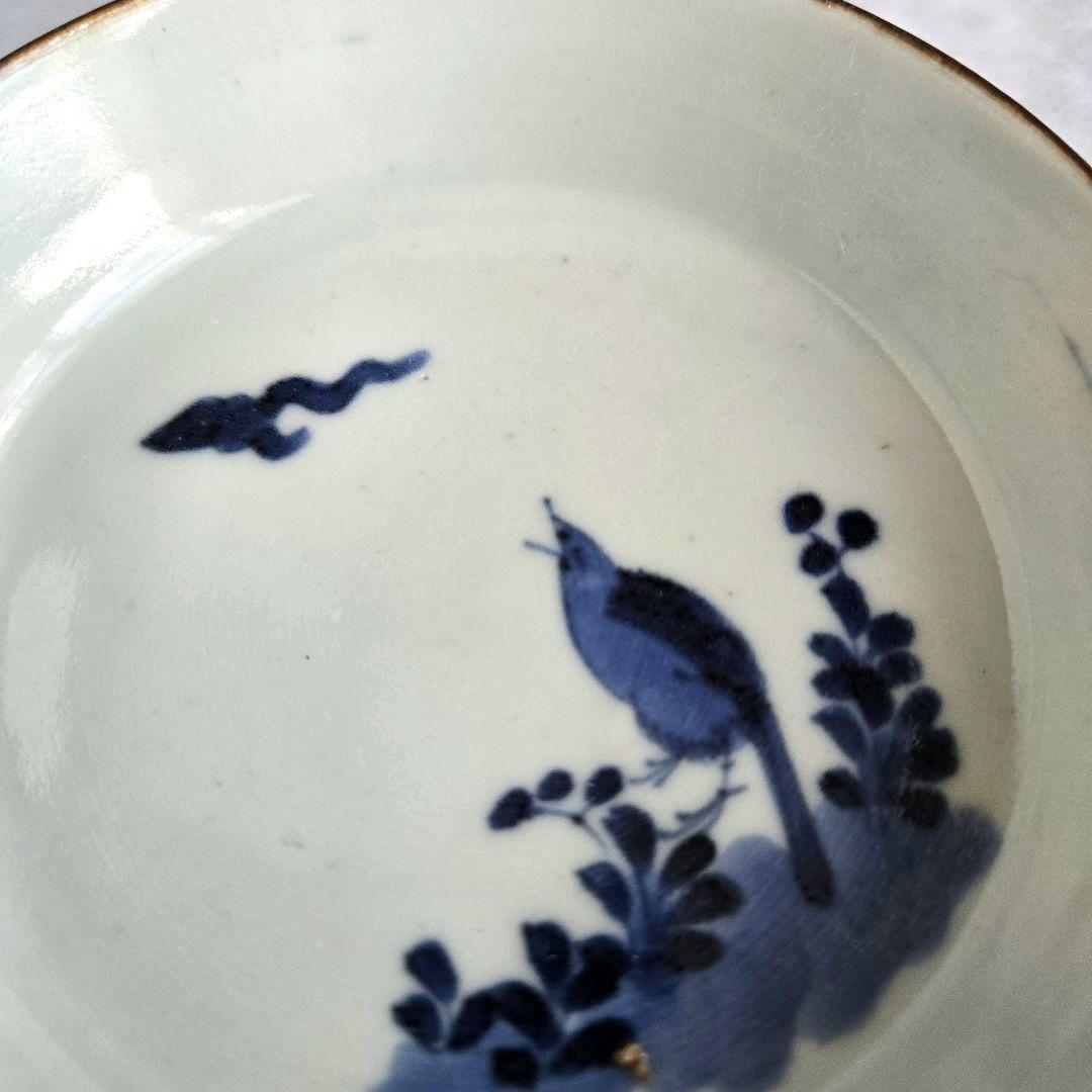 古伊万里　染付　雪輪　小皿　鶉　江戸時代　金直し　金継ぎ　骨董　アンティーク