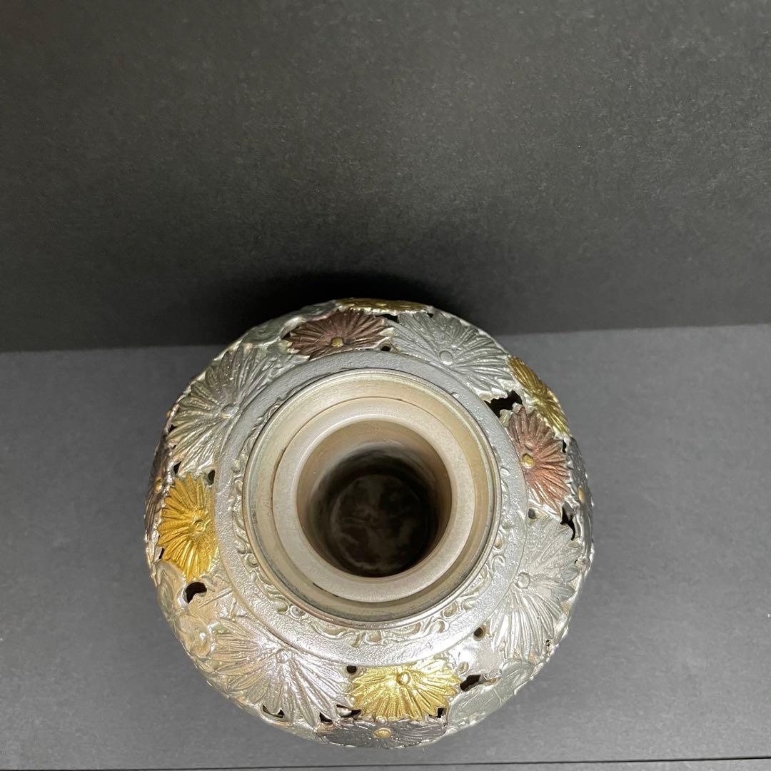 【希少】市橋敏雄 金銀彩菊透し文華香炉 高さ10.5cm 古美術品