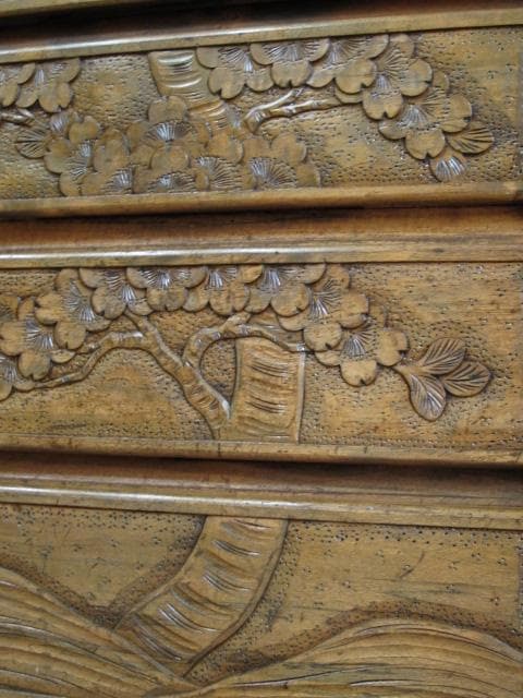 長野県 伝統工芸品 軽井沢彫り 桜 彫刻 5杯抽斗 箪笥/チェスト/整理タンス