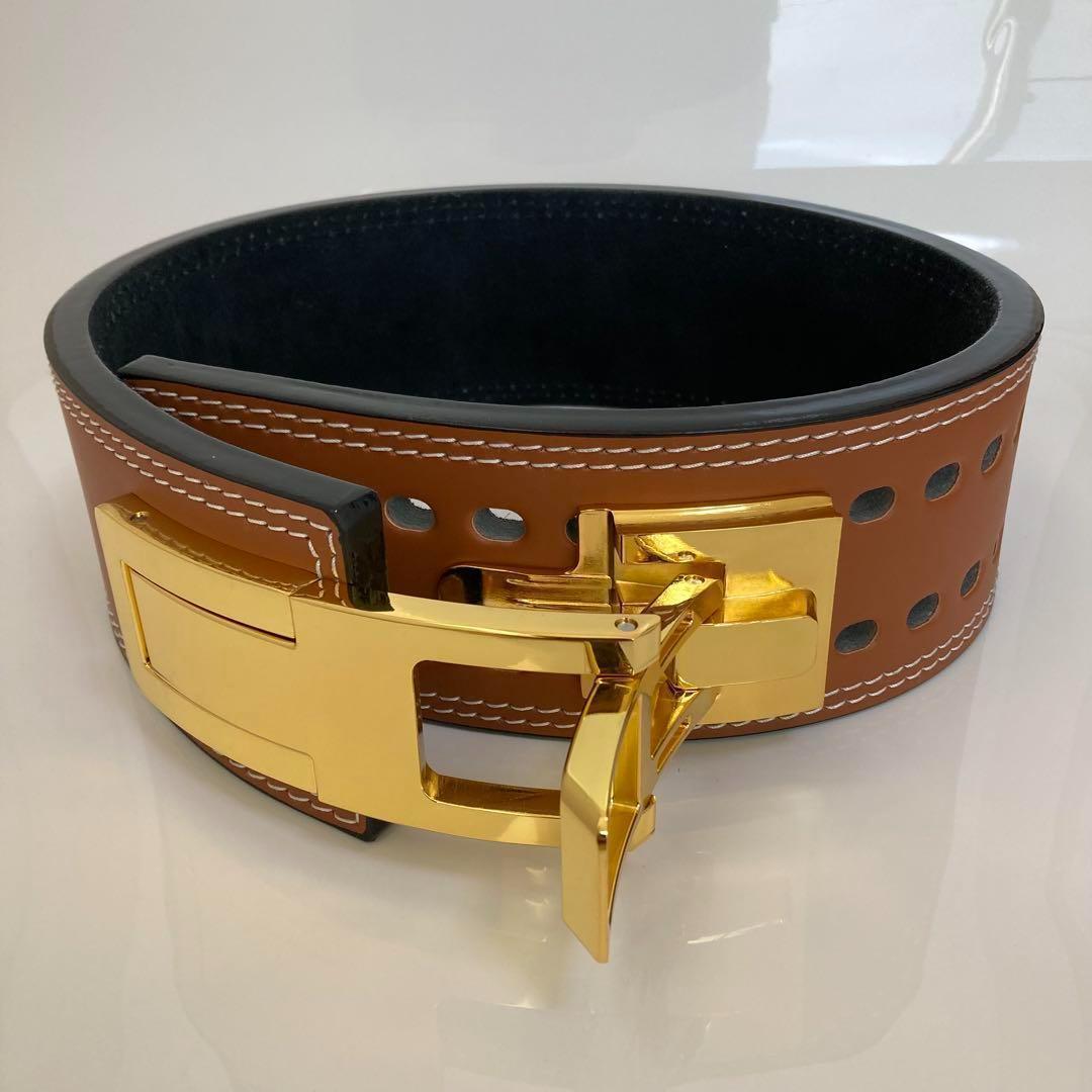 【訳あり】パワーベルト レバーアクション ワンタッチ可変式 ブラウン×金 本革