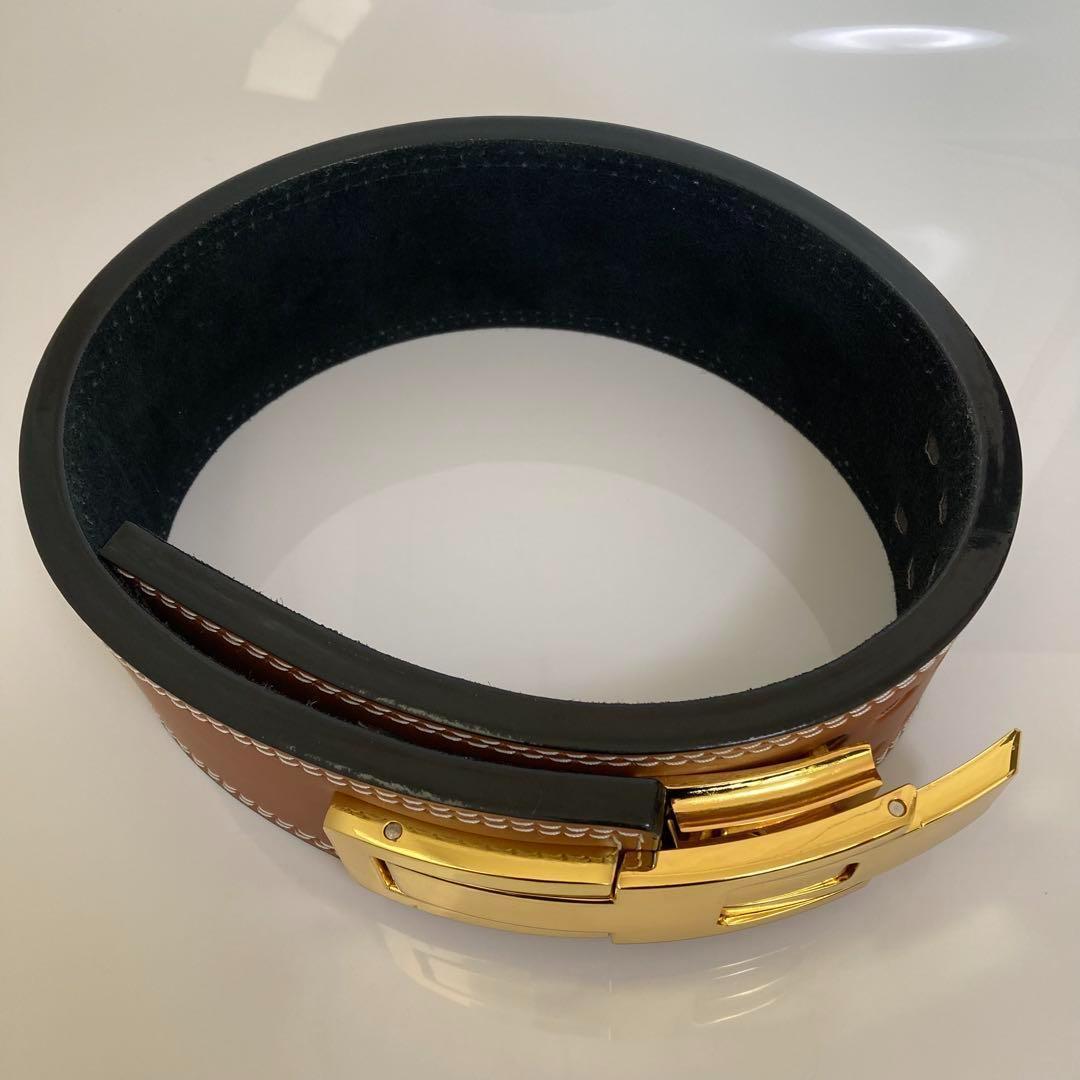 【訳あり】パワーベルト レバーアクション ワンタッチ可変式 ブラウン×金 本革