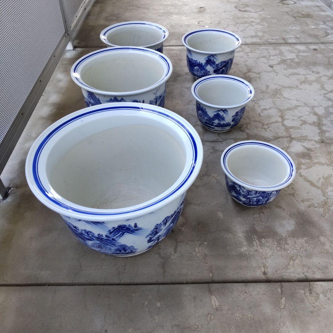 陶器鉢特大植木鉢、青と白の山水画 陶器植木鉢 6個セット