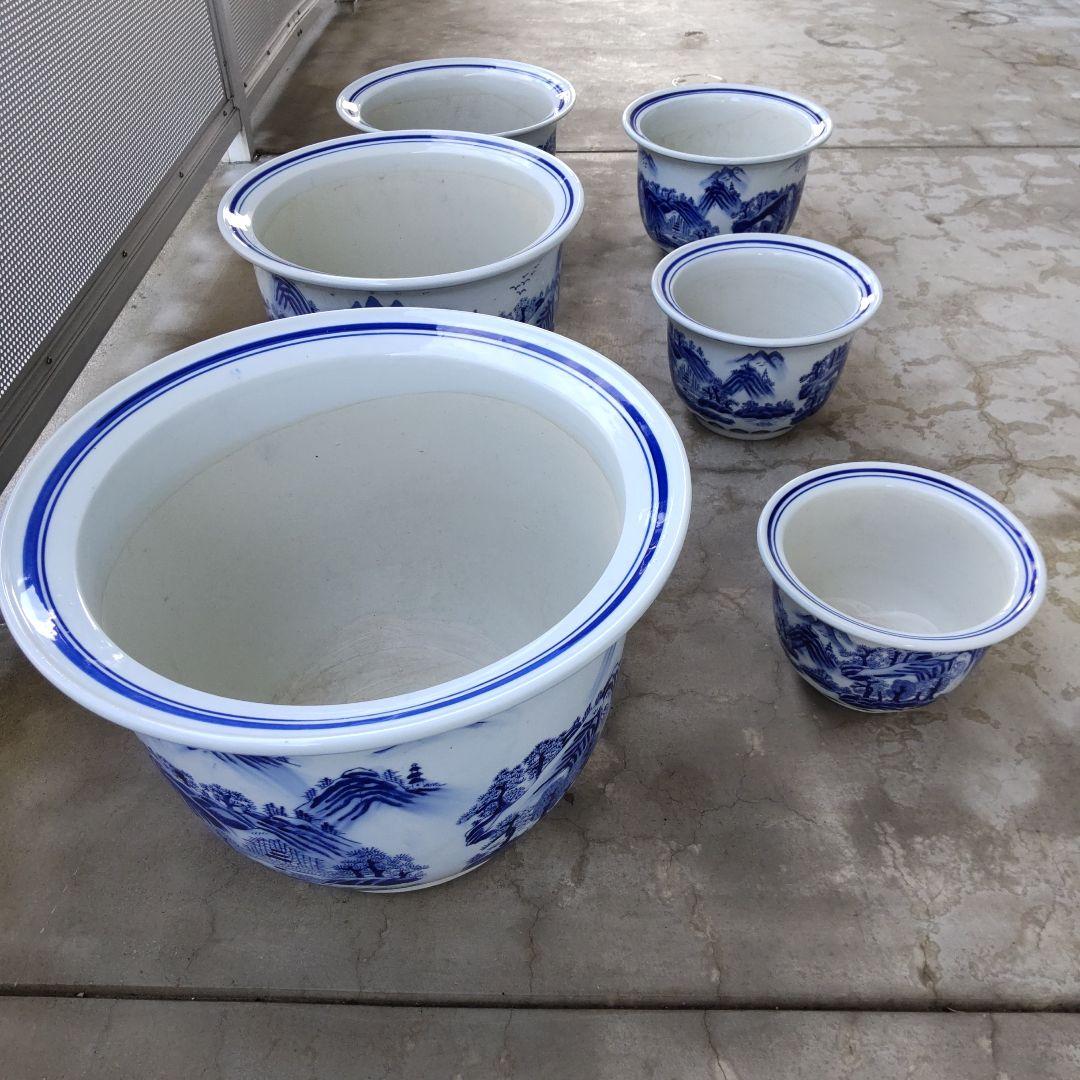陶器鉢特大植木鉢、青と白の山水画 陶器植木鉢 6個セット