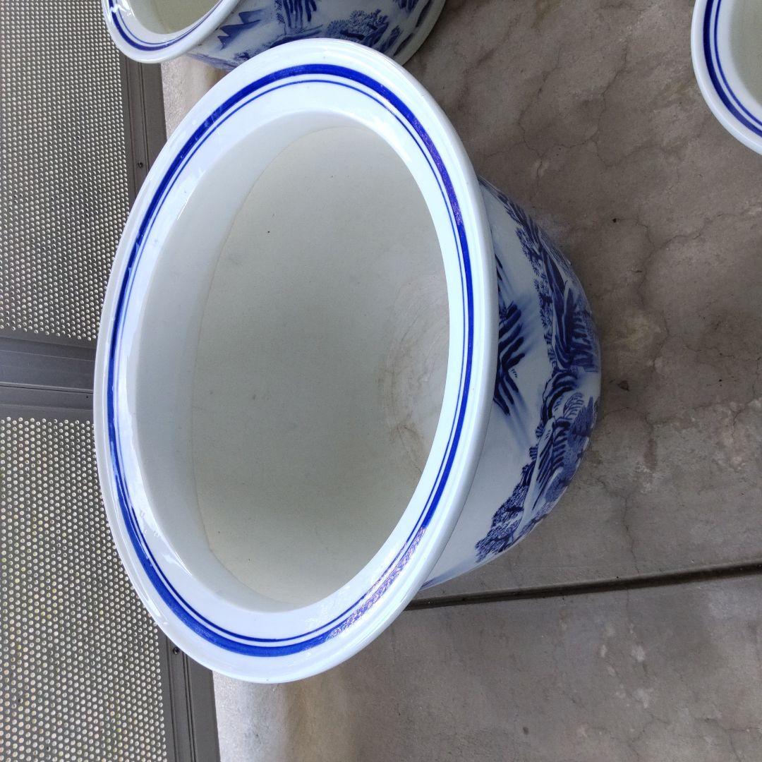 陶器鉢特大植木鉢、青と白の山水画 陶器植木鉢 6個セット