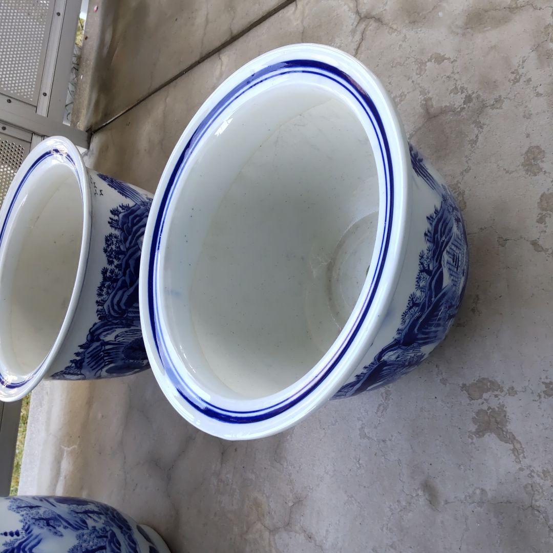 陶器鉢特大植木鉢、青と白の山水画 陶器植木鉢 6個セット