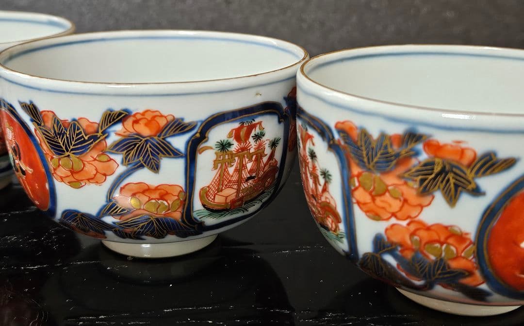 【珍品❗名品❗】明治時代　大聖寺伊万里　韃靼人と南蛮舟に花の図　ころ茶碗　ぐい呑