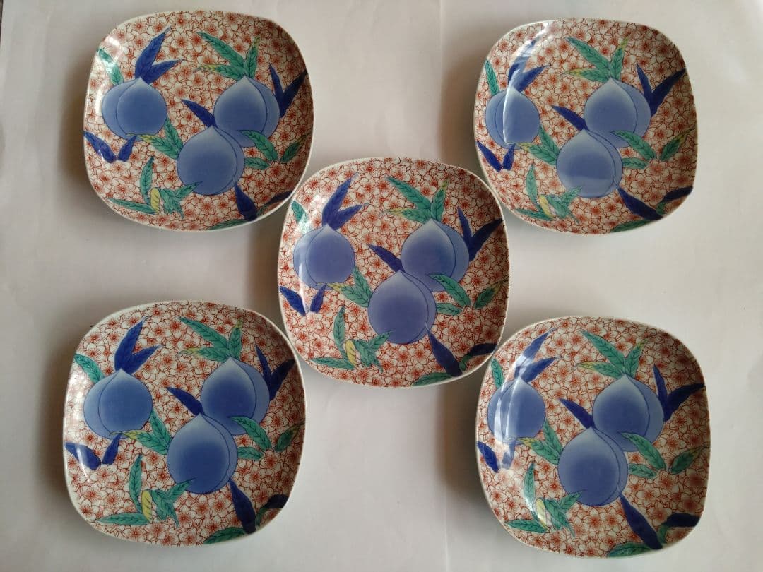 鍋島焼　其泉　桃絵　角皿　5枚セット