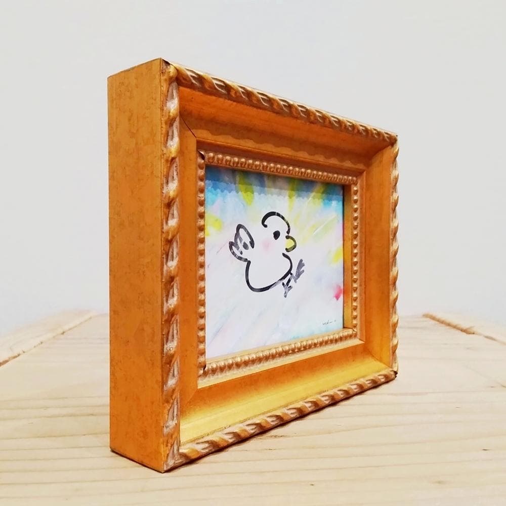 内野隆文　ぴょーん！　ドローイング　素描　鳥　カワイイ　現代アート　額縁　真作