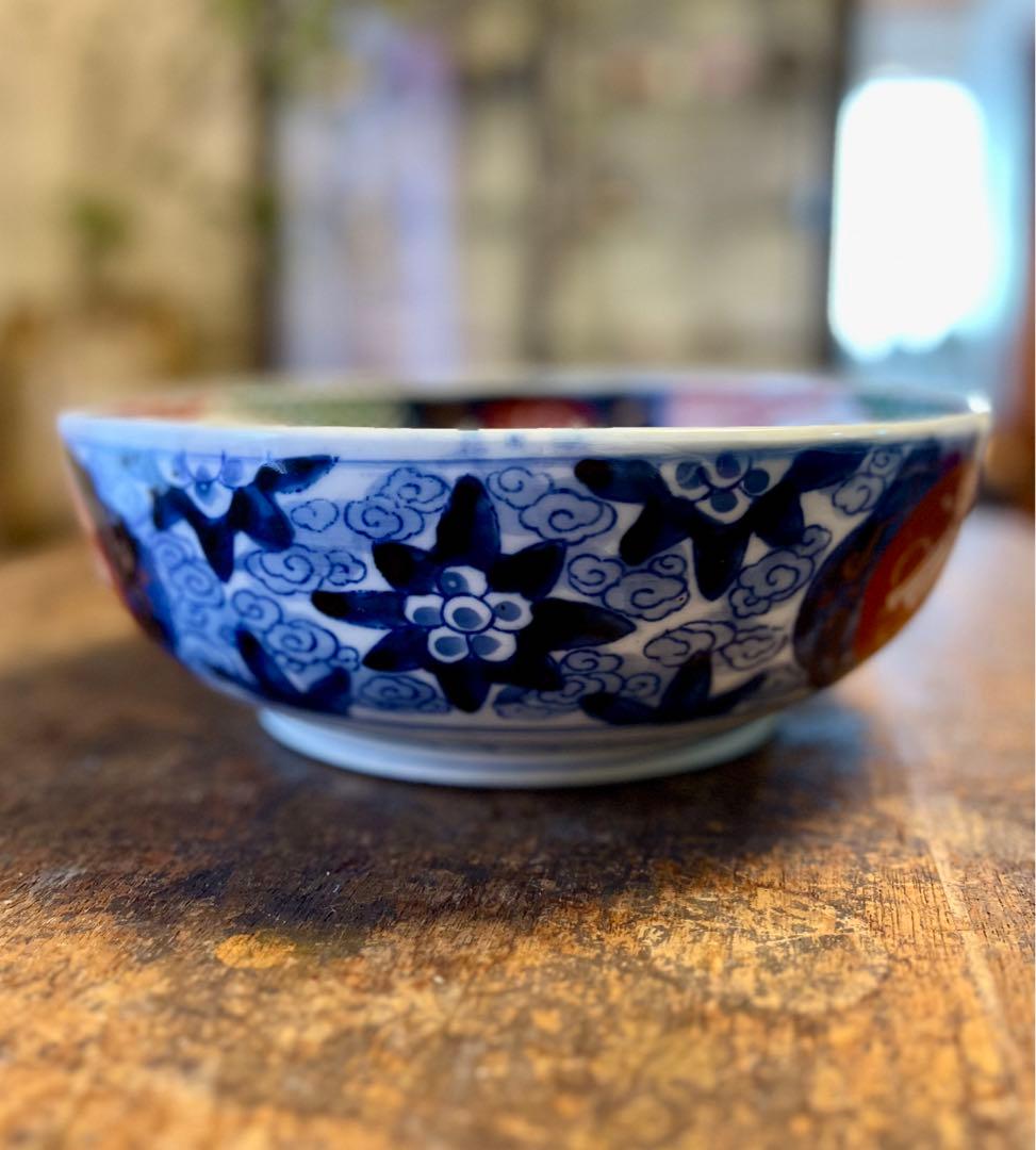 古伊万里　大鉢　色絵　赤絵　染付　二高台　食器　アンティーク　古道具