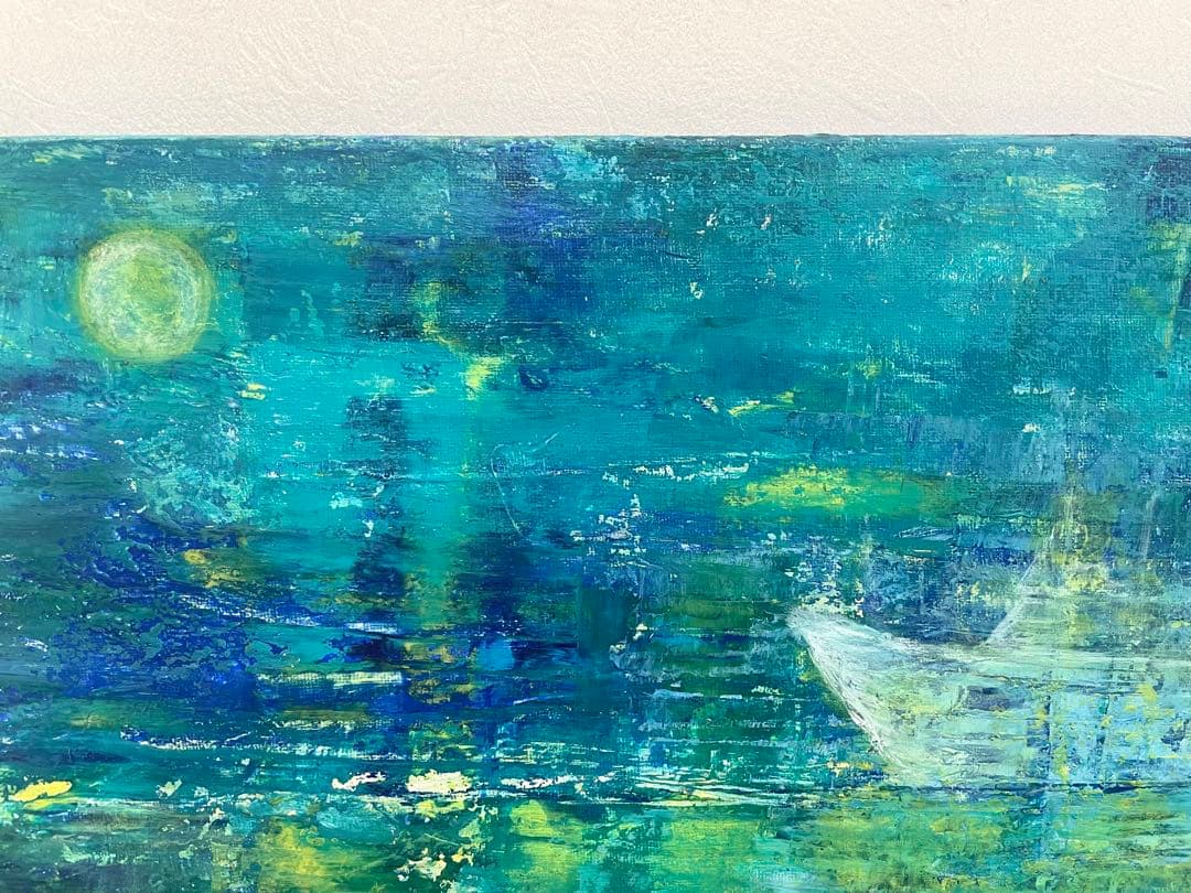 265 抽象画 アクリル画 原画 キャンバスボード F6 満月と哀愁の漁船