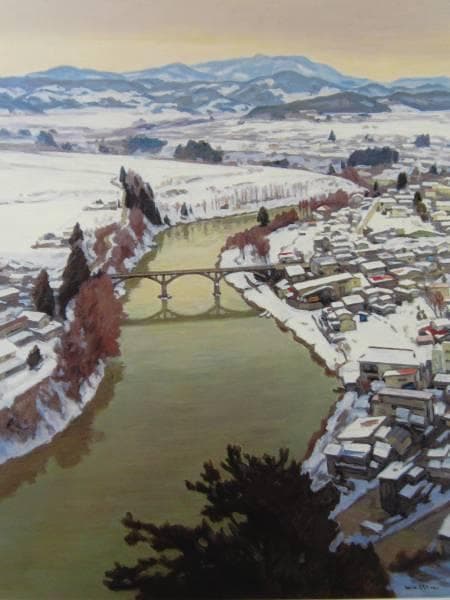 真下慶治、「左沢の最上川」、希少な画集より、新品高級額・額装付、状態良好