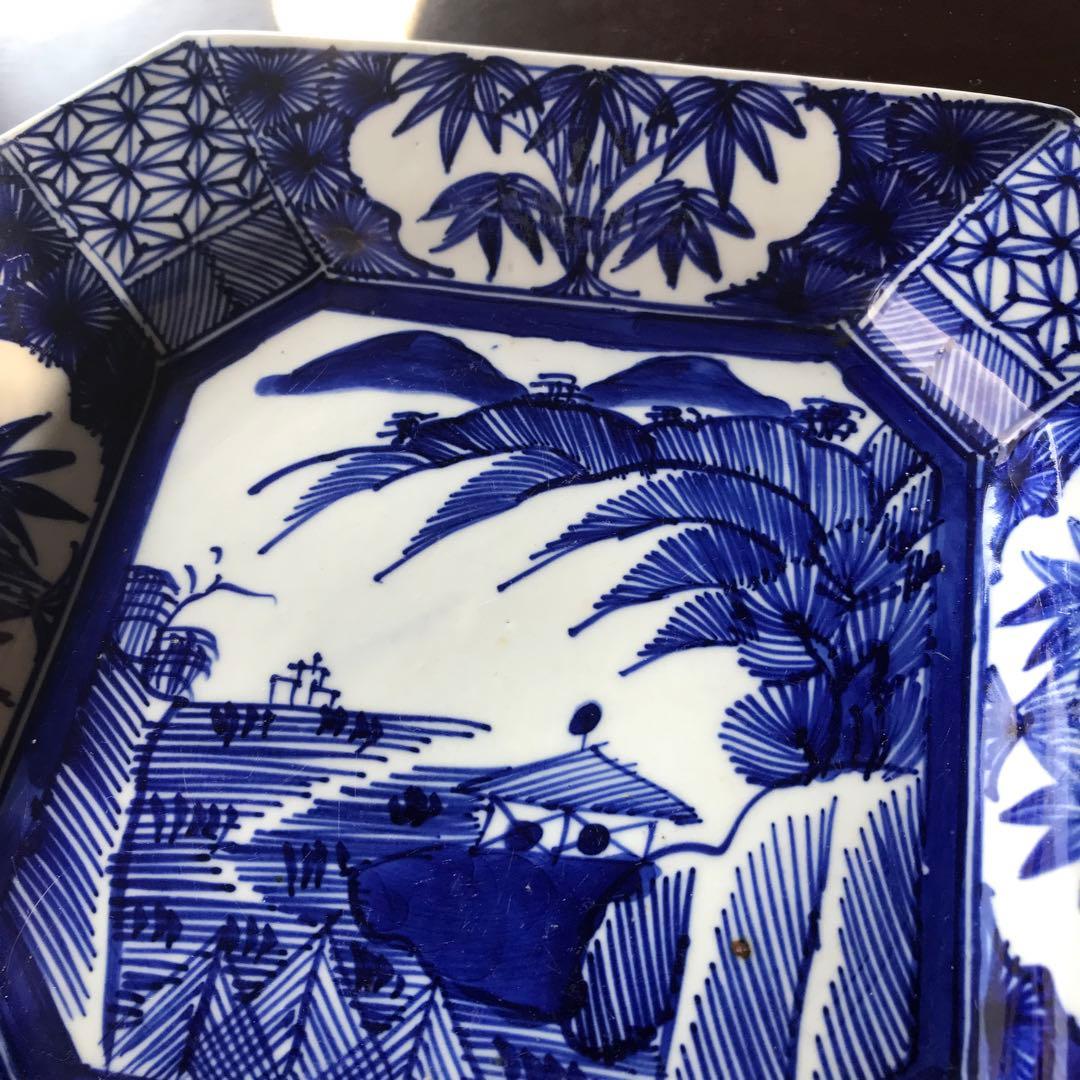 美品　古伊万里　陶器　年代物　盛り皿　角皿　八角絵皿　線画　山水の絵柄が素敵な